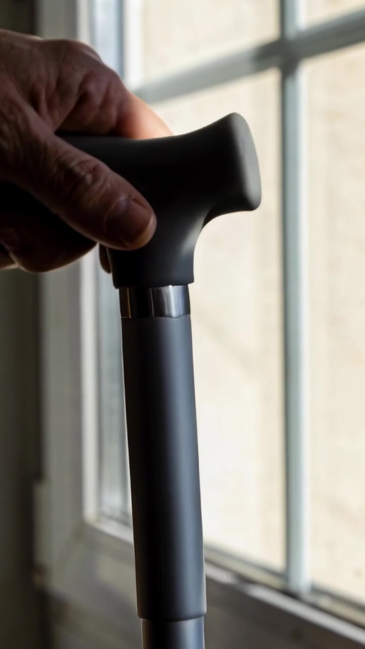 Video verticale: La mano destra di un anziano che sistema un bastone grigio vicino al vetro della finestra mentre la luce del sole si sposta