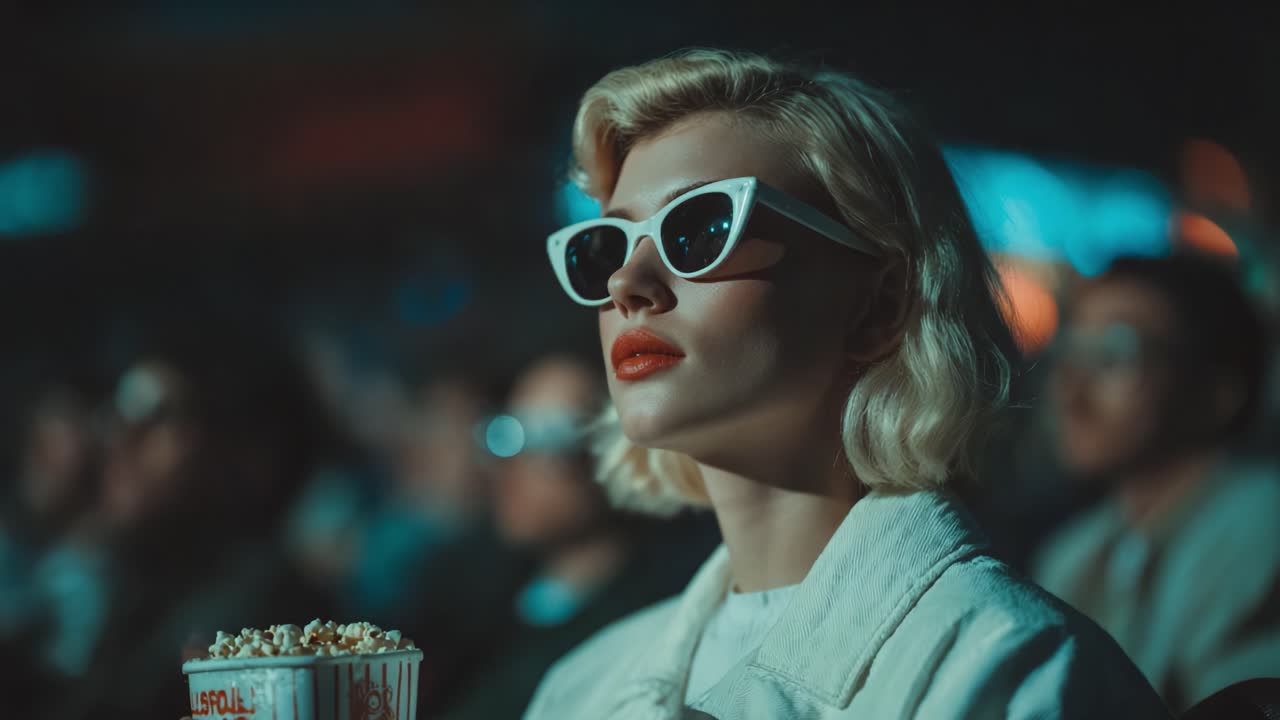 Une jeune femme élégante aux cheveux blonds profite d’une expérience cinématographique, portant des lunettes de soleil œil-de-chat et tenant un pot de pop-corn dans une salle de cinéma obscure.