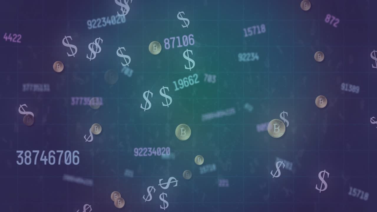 추상적인 배경에 대한 달러 기호와 비트코인 위에 변하는 숫자의 애니메이션