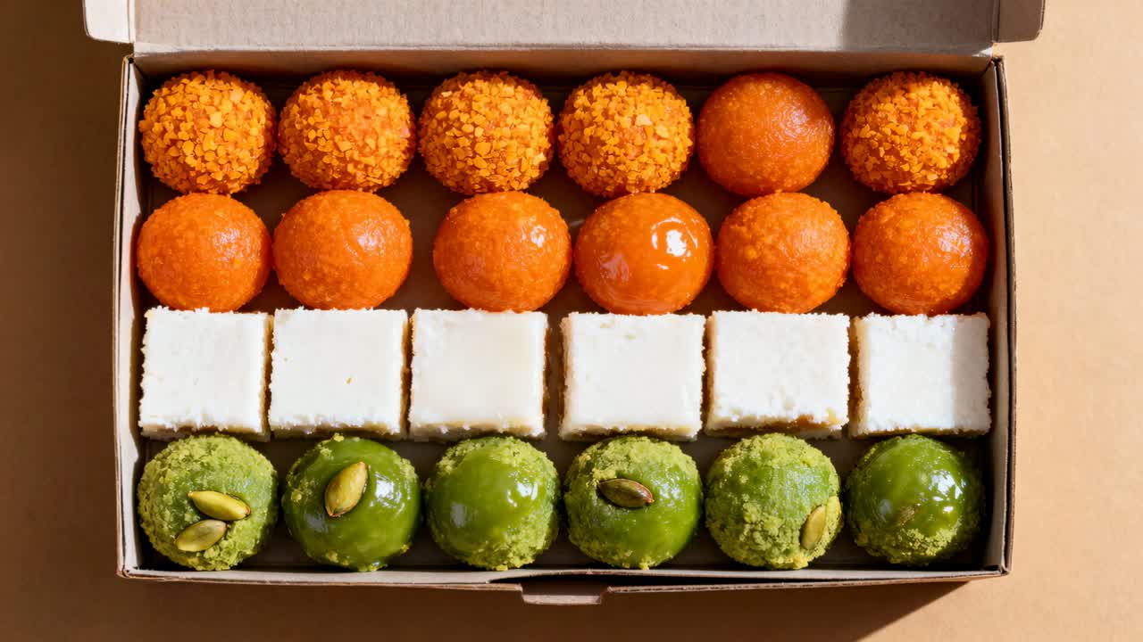 Zeigt eine Pappschachtel auf einem beigen Tisch, während sich das Licht ändert, mit orange-weiß-grünen Süßigkeiten.