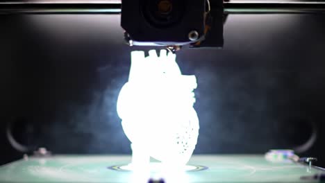 3d printing of an intricate heart model: a visual journey through the creation of a detailed biomedical object in a modern workshop environment