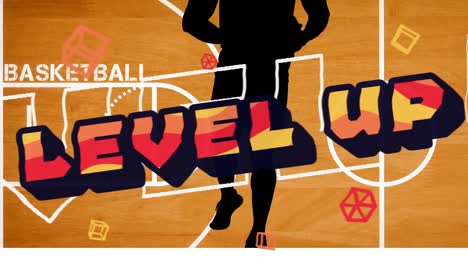 animation of the words level up in orange over basketball player silhouette on basketball court