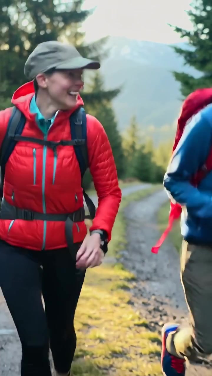 Video verticale: Telecamera che segue due escursionisti con giacca rossa e top blu, che camminano lungo un sentiero portando zaini.