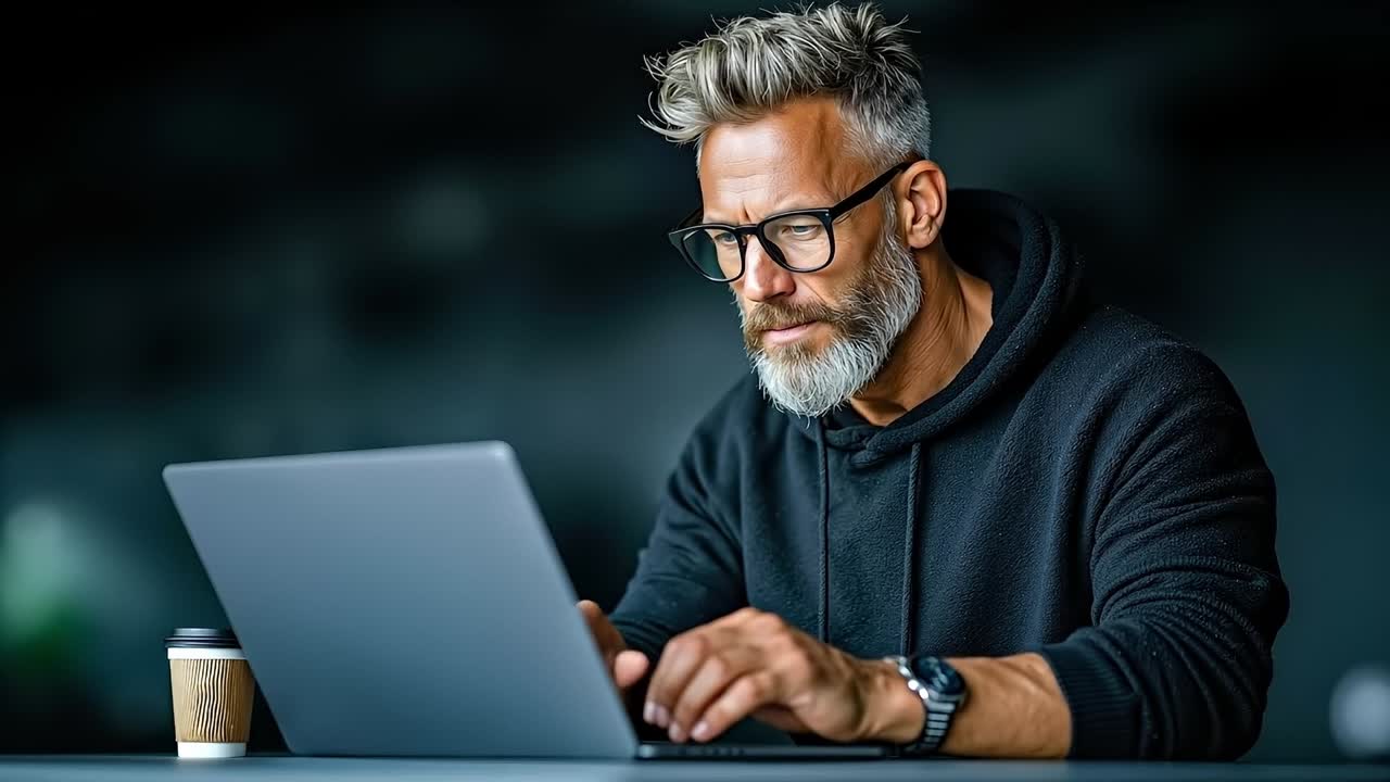A man sitting at a table using a laptop computer