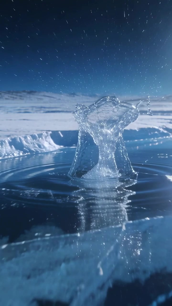 Vertical video: Falling droplet causing crown rising through cracked ice on frozen lake under stars