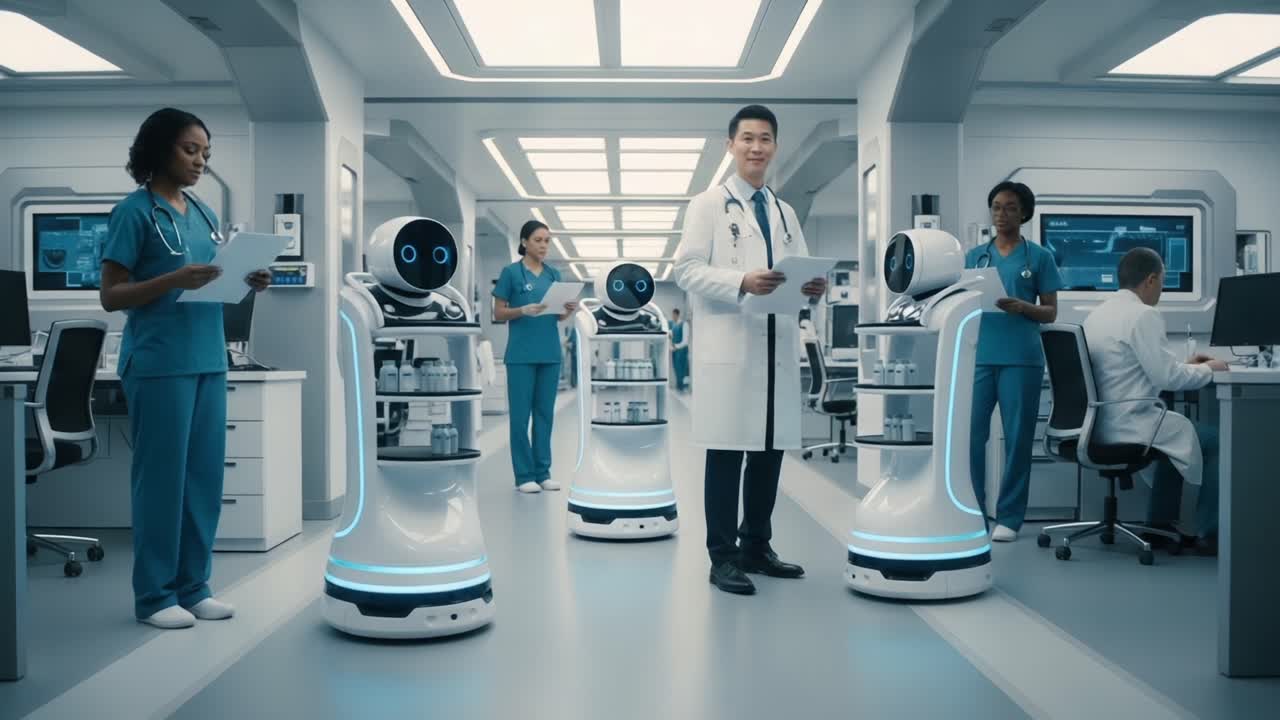 A Futuristic Healthcare Setting Featuring Robots Assisting Medical Professionals in a High-Tech Hospital Environment, Promoting Innovation and Efficiency in Patient Care