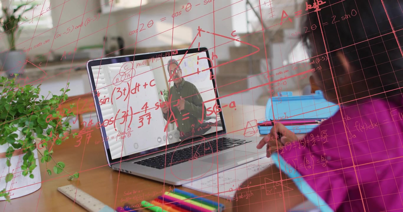 Vertical video: Watching child in pink top noting as teacher speaking on laptop at home, copy space