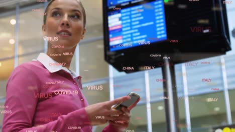 animación de palabras flotantes de covid-19 sobre una mujer caucásica que usa un teléfono inteligente en el aeropuerto