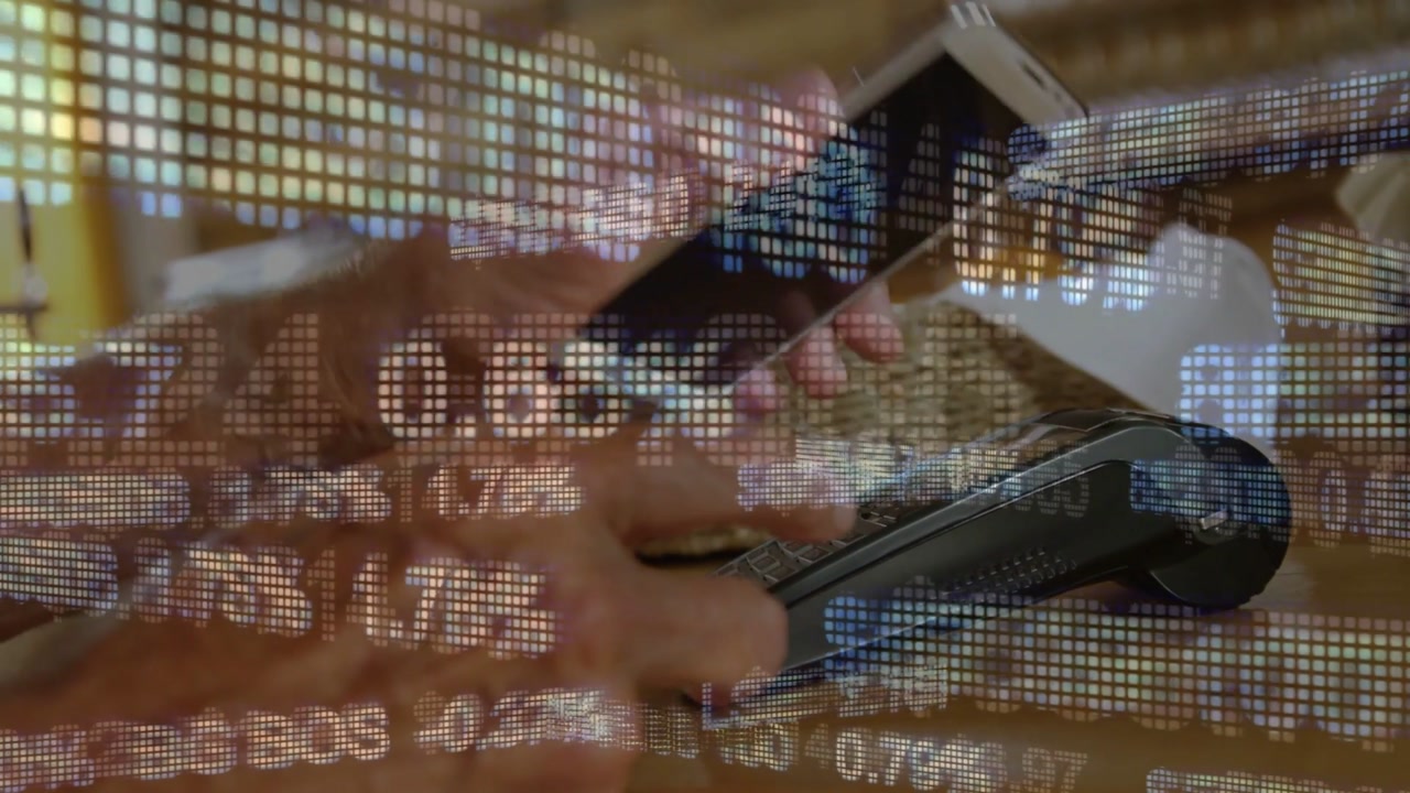 Vertical video: Hovering hands paying, tapping card at terminal and showing phone with LED ticker