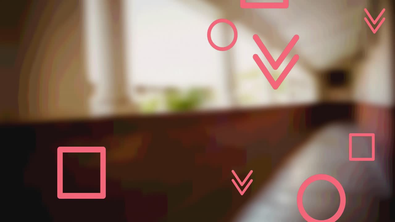 animación de formas de líneas rosadas que caen sobre el fondo borroso de la habitación