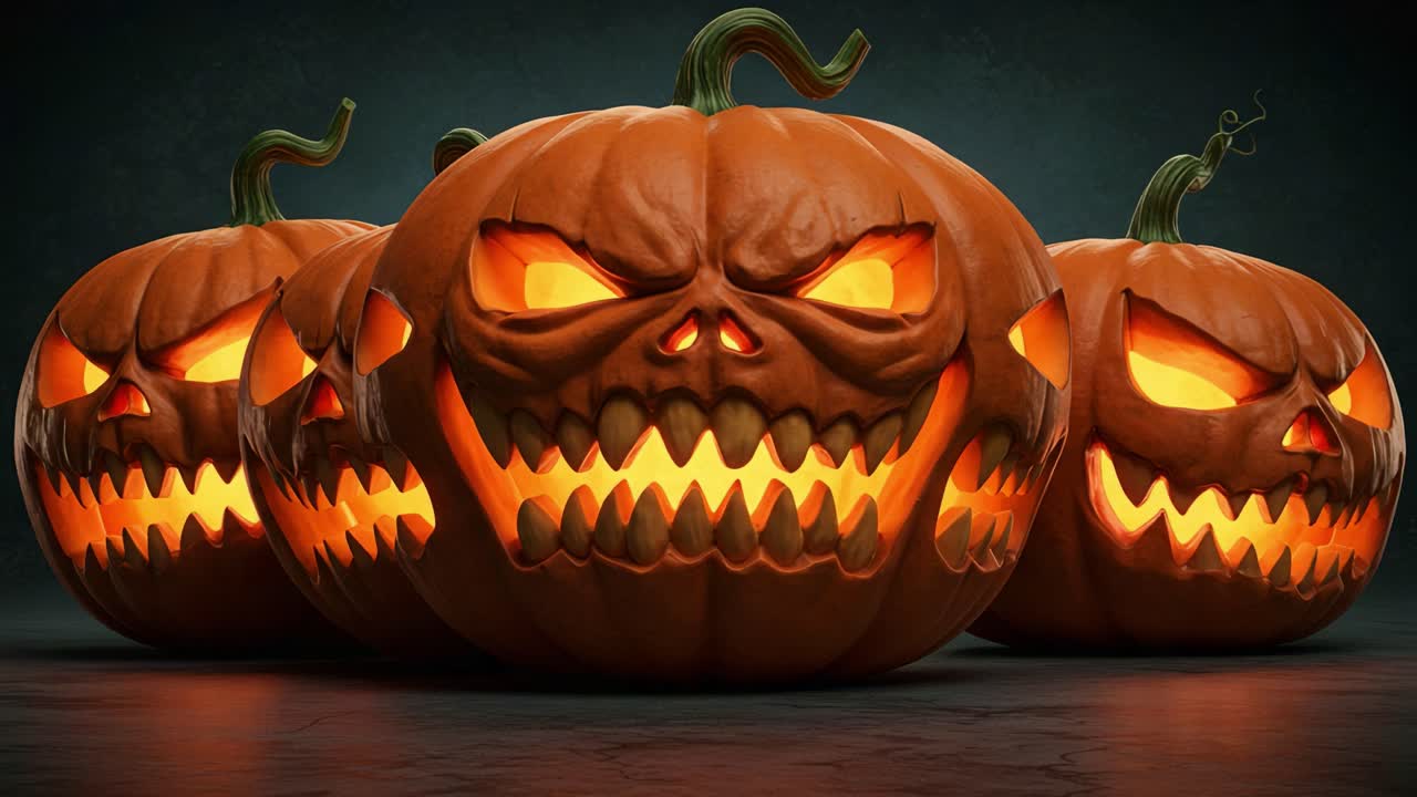 A Spooky Gathering of Menacing Jack-o'-Lanterns with Sinister Grins, Illuminated by Flickering Lights Inside, Perfect for Halloween Festivities and Eerie Decorations