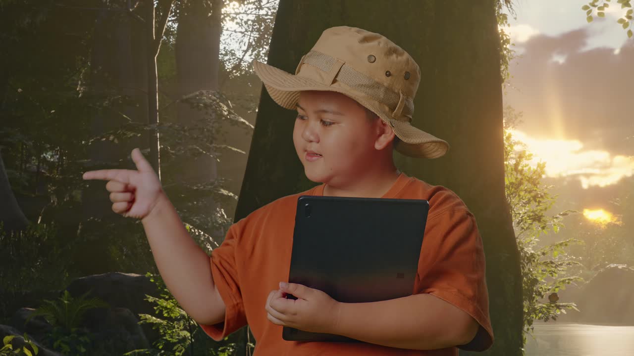 niño asiático con un sombrero y binoculares usando una tableta luego sonriendo y señalando a un lado mientras explora la naturaleza del bosque. niño investigador examina algo, concepto de aventura de viaje, de cerca