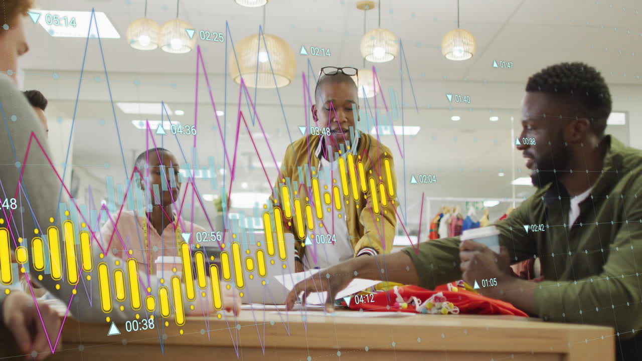 Animation of multiple graphs with changing numbers over diverse coworkers sharing ideas in office