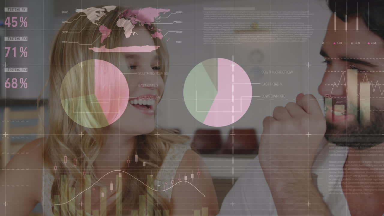animación de procesamiento de datos estadísticos sobre una pareja caucásica sonriendo juntos en una cafetería
