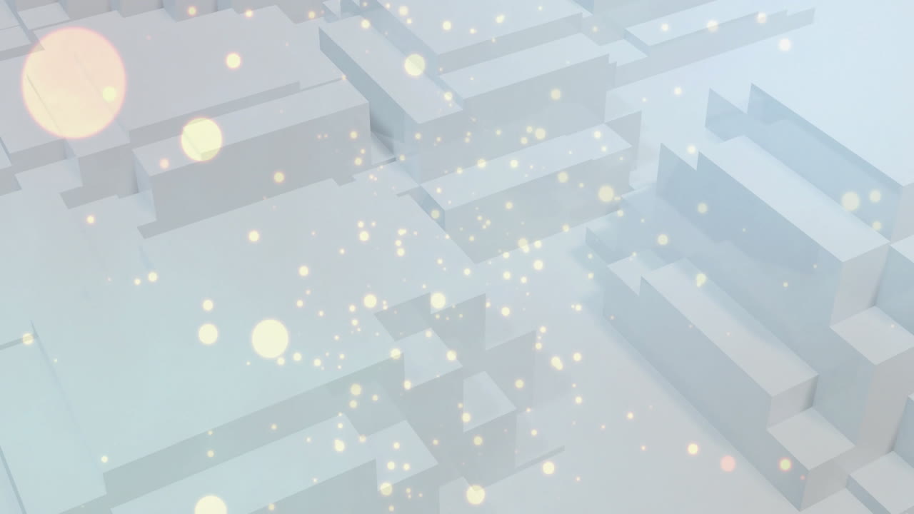 Floating glowing particles over geometric white shapes in animation background