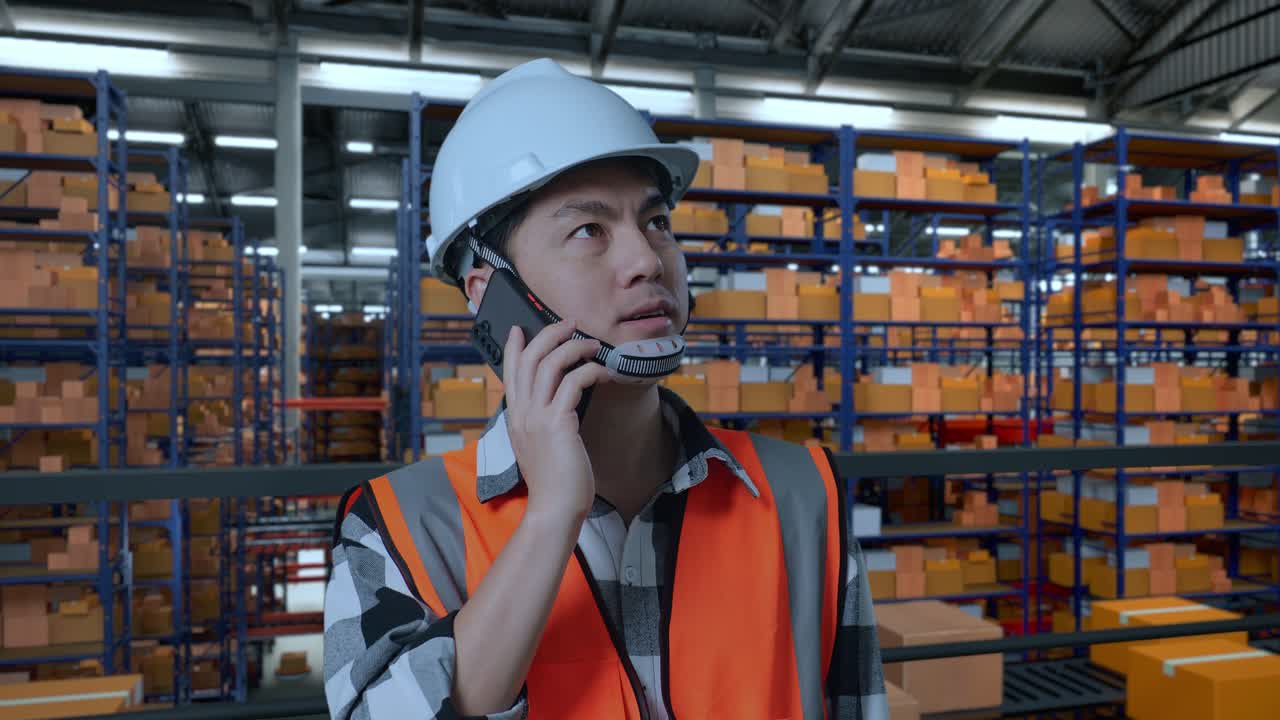 Close Up Of Asian Male Engineer With Safety Helmet Talking On Smartphone While Standing In The Warehouse With Shelves Full Of Delivery Goods