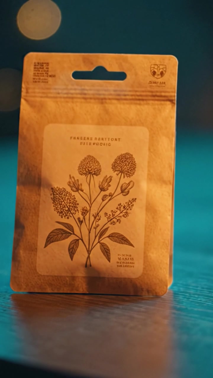 Natural Herbal Shampoo Packaging with Illustrative Design, Showcasing Earthy Tones and Textures Against a Softly Lit Background for a Soothing Aesthetic Experience
