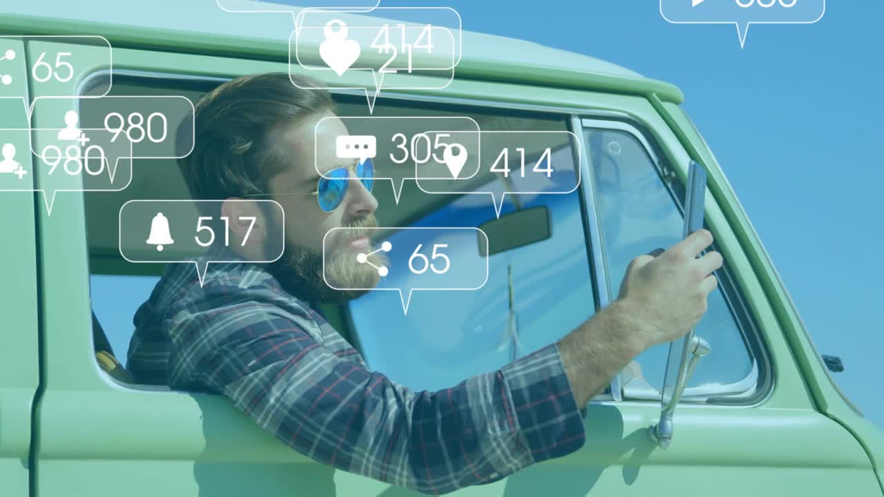 Driver holding phone out window and streaming for social media, icons multiplying around phone