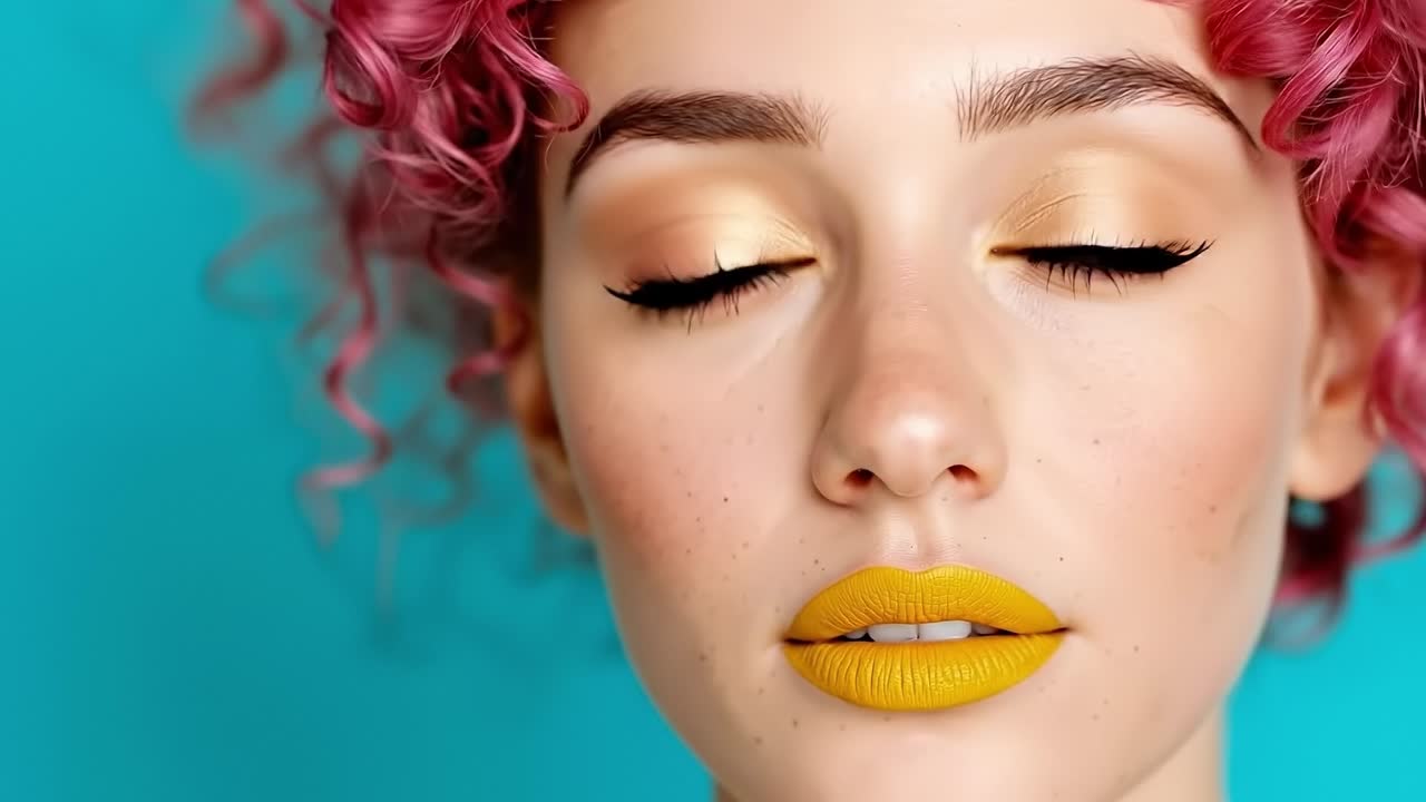 A woman with pink hair and yellow lipstick