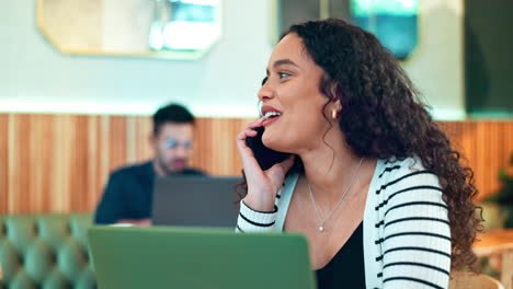 Woman,-phone-call-and-coffee-shop-for-remote-work