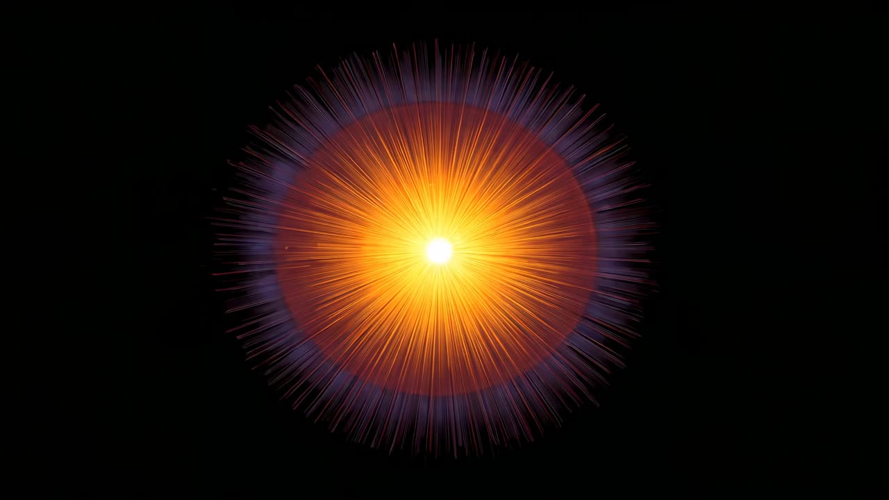 White dot appearing orb expanding fiery disk emitting purple halo, creating starburst across void