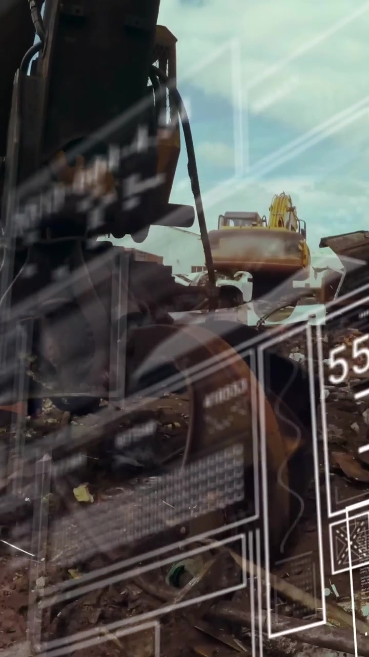Animation of data processing against hydraulic lifting machine with claw attachment at junkyard