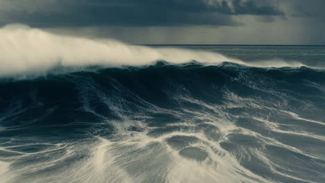 powerful ocean waves breaking under a stormy sky