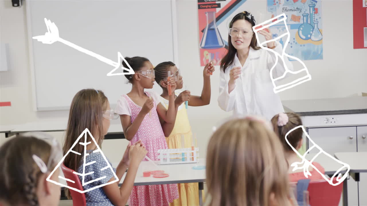학교에서 교사와 아이들이 교실에서 과학 실험 애니메이션을 보고 있습니다.