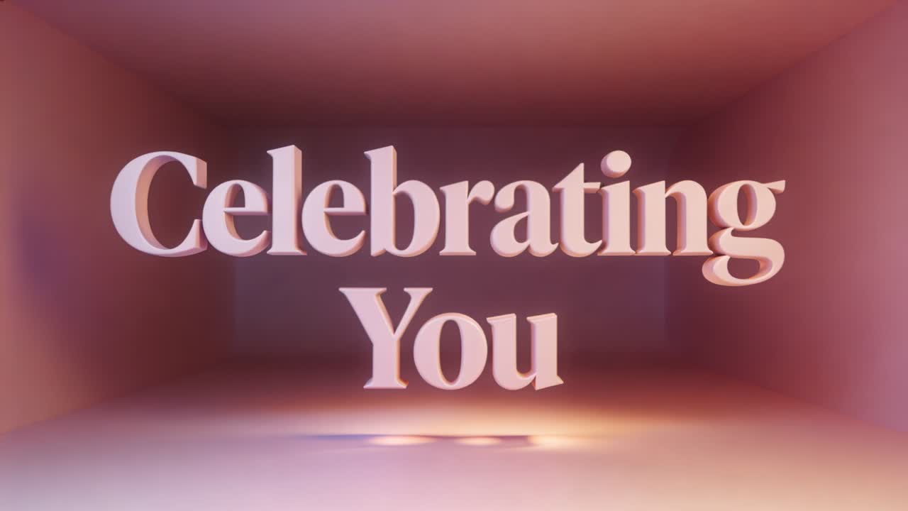 Dollying camera warming spotlight, emphasizing large 3D serif text Celebrating You on studio floor