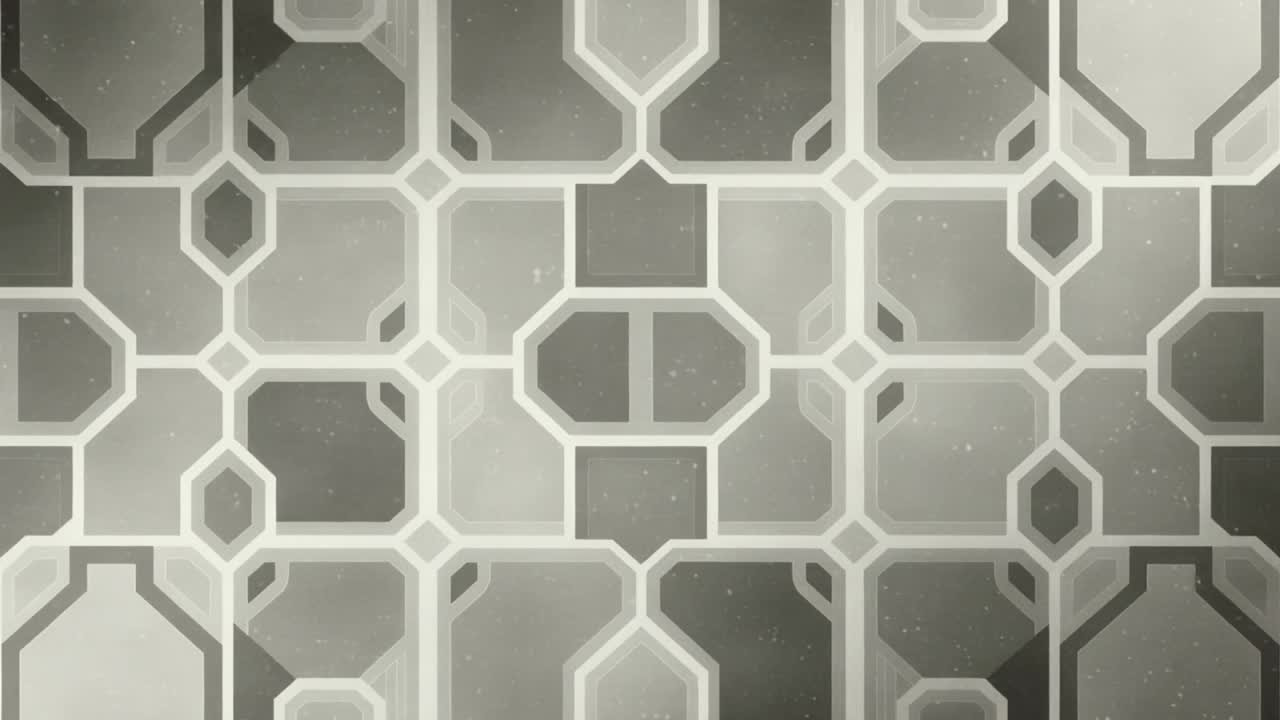 Pulsing octagonal rounded-rect panel shifting luminance with advancing frames on wall, film grain