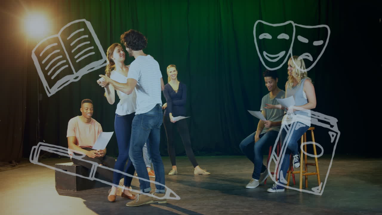 animación de iconos teatrales sobre un grupo diverso de estudiantes bailando en el escenario