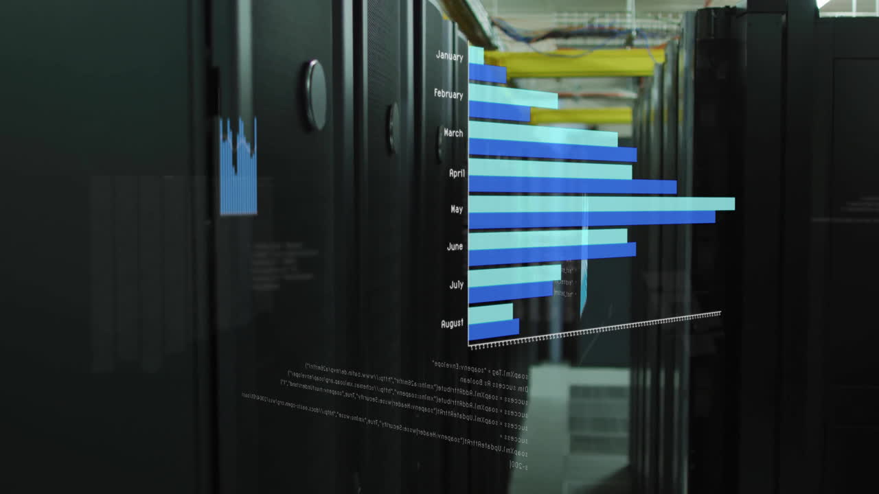 Animation of blue graphs over computer server room