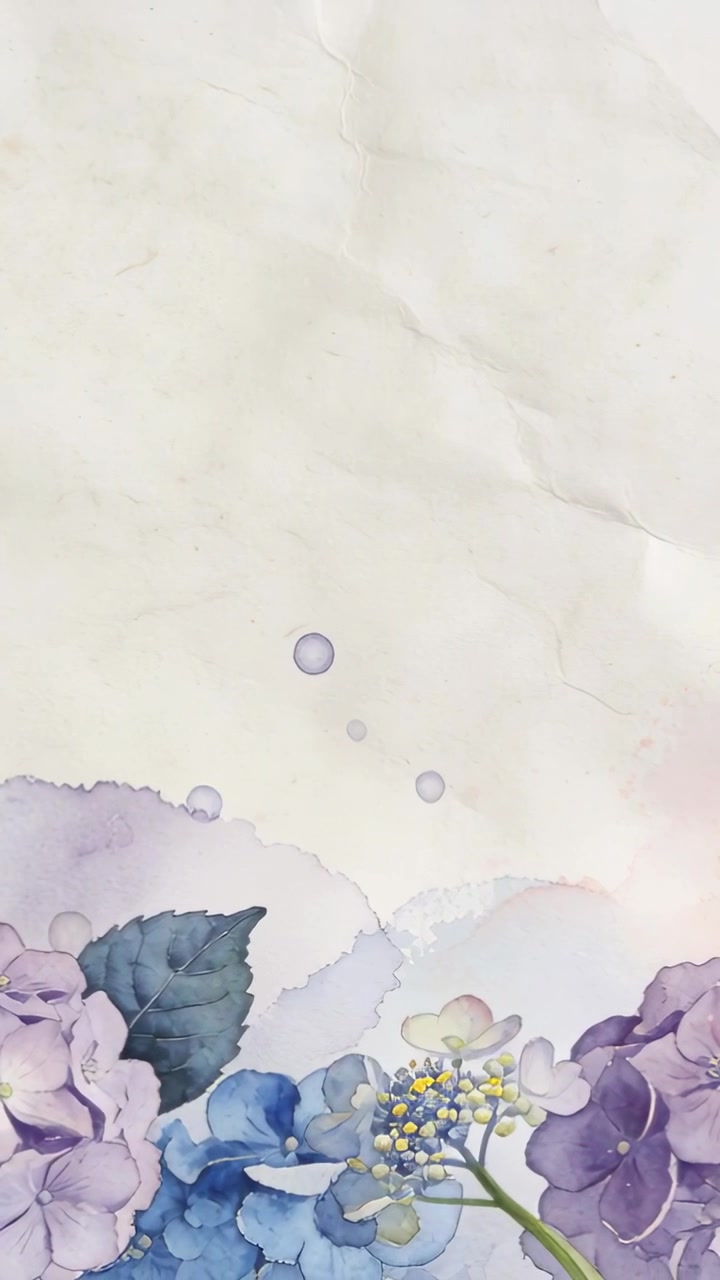 Video verticale: Animazione iniziale, gocce viola che salgono su un bordo di fiori di carta color crema con bordo strappato.
