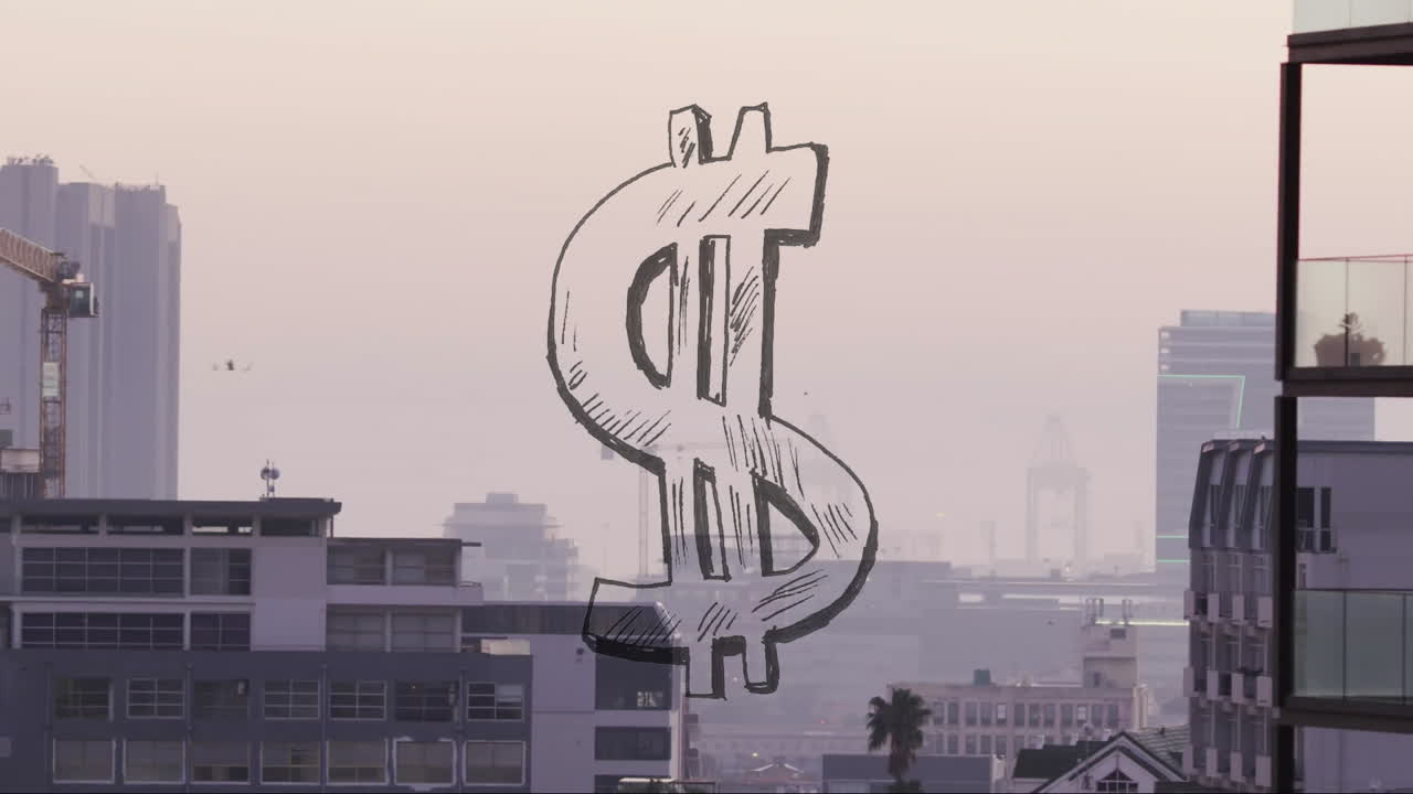 Animation of large dollar sign over cityscape at dusk, highlighting urban economy