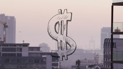 animation of large dollar sign over cityscape at dusk, highlighting urban economy