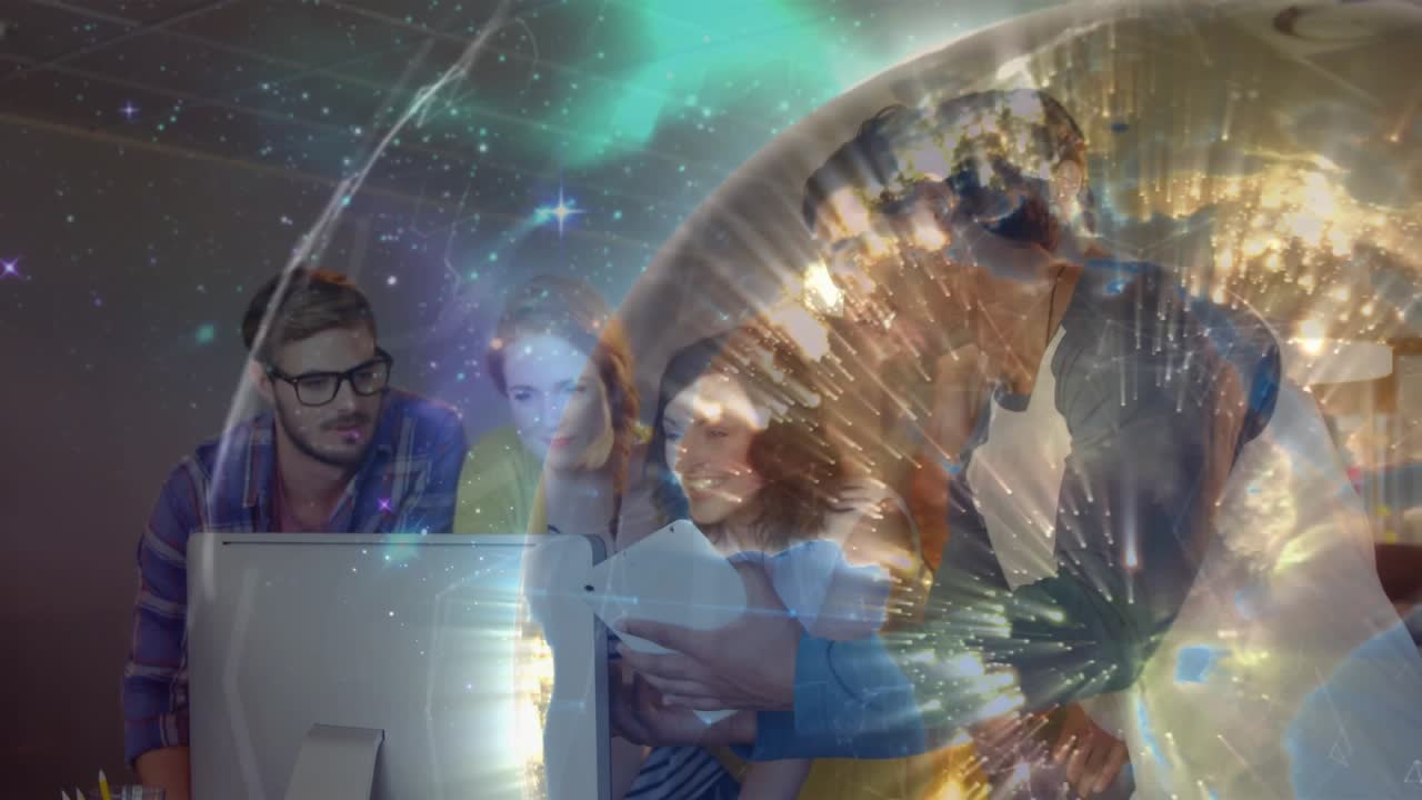 Team huddling around tablet, rotating tablet and activating tech globe overlay expanding over desk