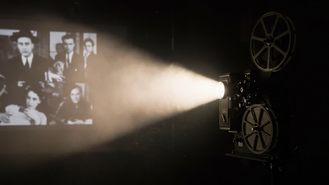 A Vintage Film Projector Projecting Black-and-White Images in a Dimly Lit Space, Capturing the Essence of Cinematic History and Storytelling Through Light and Shadow