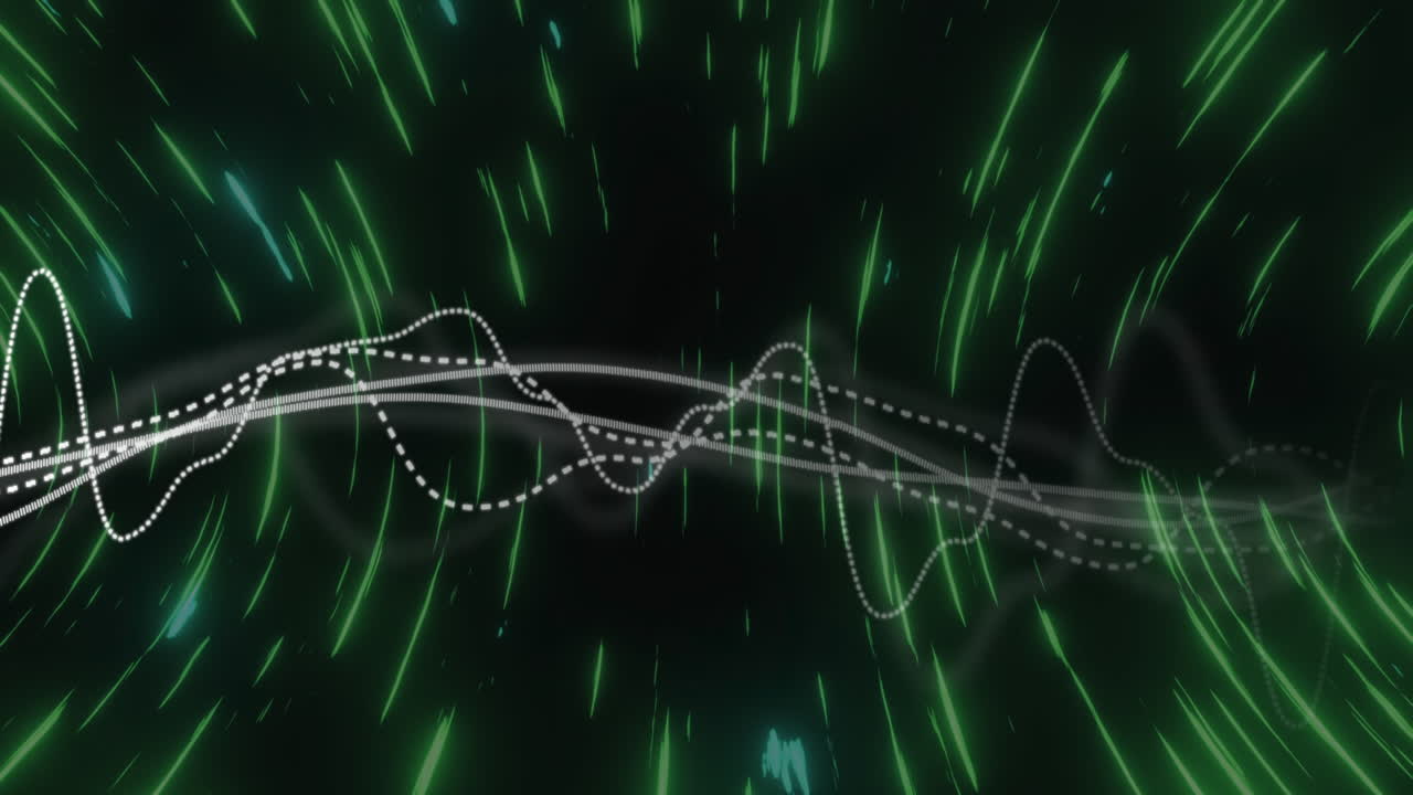 검은 바탕에 회전하는 네온 녹색 빛 트레일에 대한 데이터 처리의 애니메이션