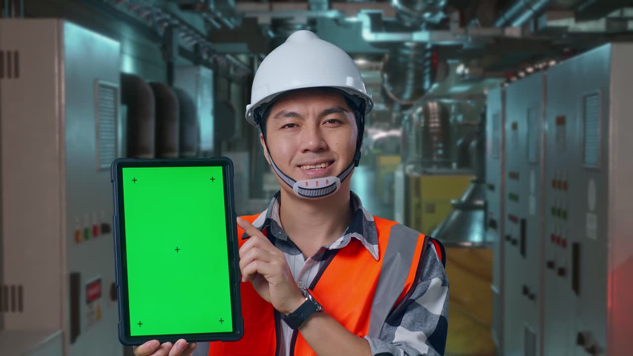 Close Up Of Asian Male Engineer With Safety Helmet Smiling And Showing Green Screen Tablet To The Camera While Standing In Engine Control Room, Work Of Electrical Generators