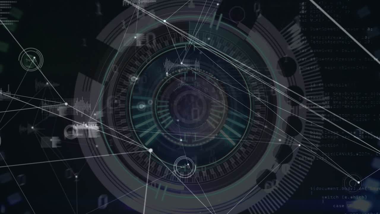 Animation of network of connections with data processing over scope scanning on black background