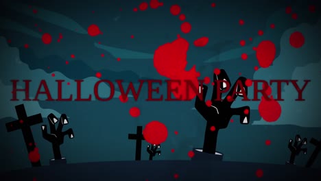 Animation-Von-Halloween-Grußkreuzen,-Händen-Und-Blutflecken-Auf-Dem-Hintergrund-Des-Nachthimmels