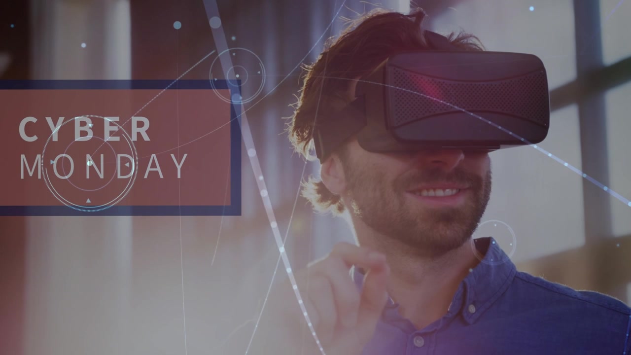 Animazione di elaborazione dati e testo "Cyber Monday" su un uomo caucasico che usa un visore VR.