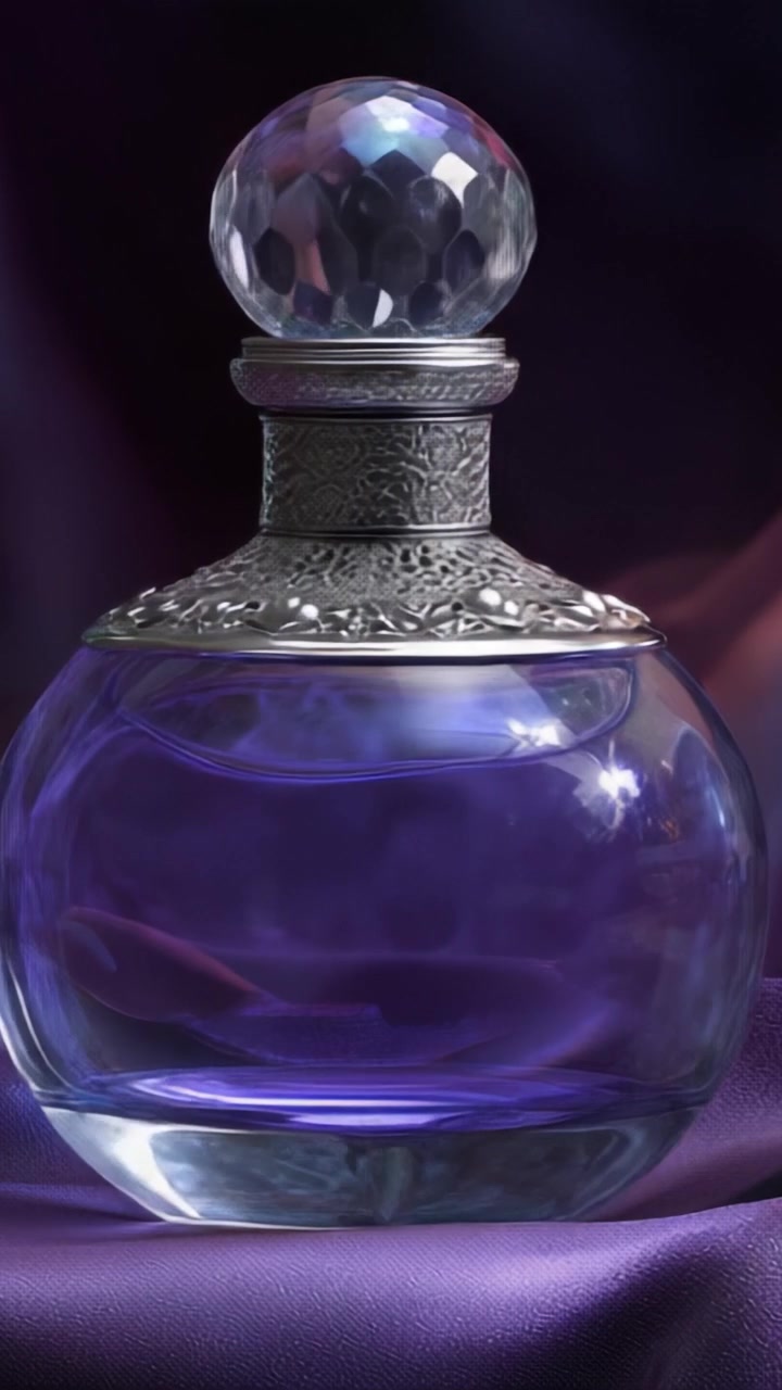 Elegante bottiglia di vetro viola con tappo decorativo argentato e parte superiore con gemma, che riflette una luce soffusa in un ambiente di tessuto lussuoso