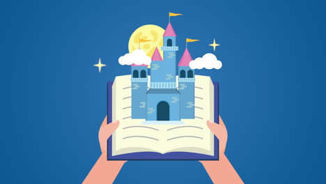 world book day celebration with hands and fairytale castle