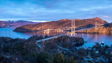 day to night time lapse transition view from stongafjellet towards askoybroen, the askoy bridge