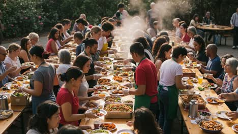 community gathering with many people enjoying an outdoor buffet meal