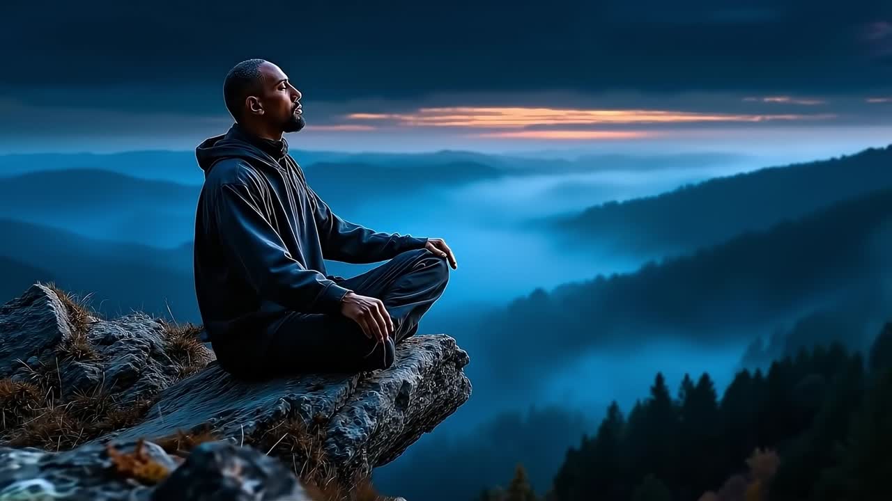Un hombre sentado en la cima de una montaña observando un valle