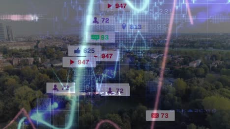 Animación-De-íconos-De-Redes-Sociales-Y-Procesamiento-De-Datos-Financieros-Sobre-El-Paisaje.