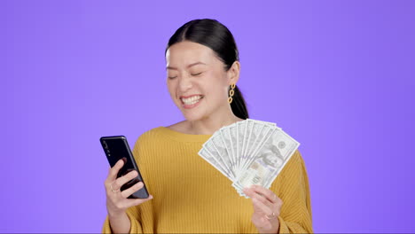 Phone,-winner-and-woman-with-dollars-in-studio