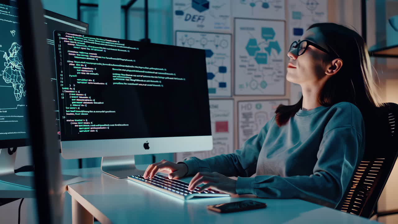 Woman Programmer Working Late at Night